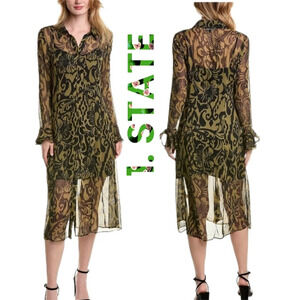 1. State Women's Green & Black Abstract Chiffon Lined Shirt Dress Sz XS